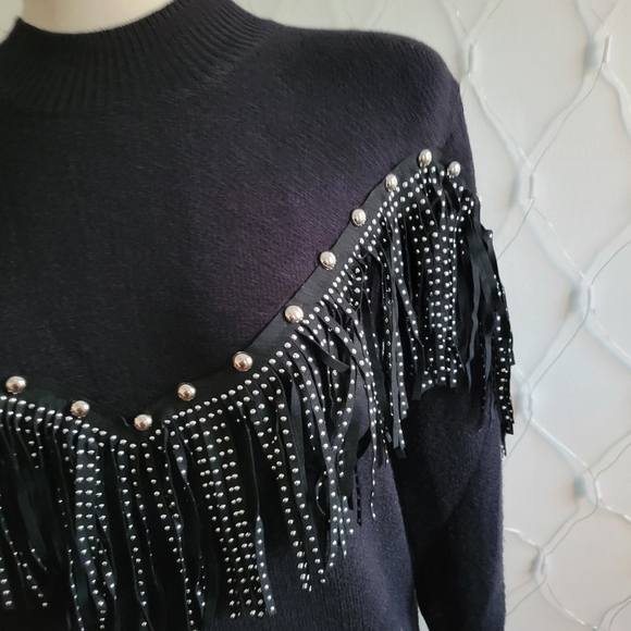 Akira Chic Black Sweater with Fringe and Studs / Size Small-Medium - Picture 2 of 5